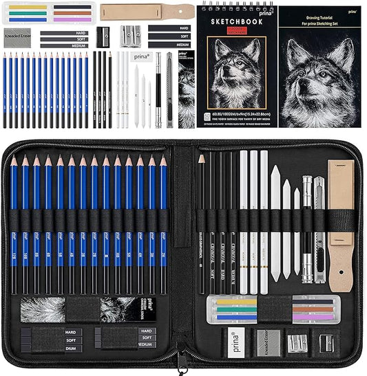 Prina 50 Pack Drawing Set Sketch Kit, Sketching Supplies with 3-Color Sketchbook, Graphite, and Charcoal Pencils, Pro Art Drawing Kit for Artists Adults Teens Beginner Kid, Ideal for Shading, Blending