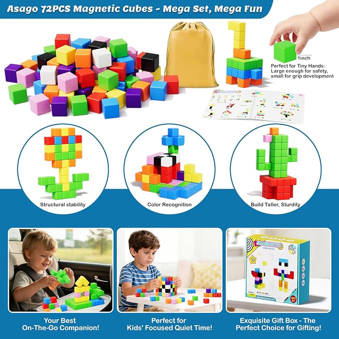 72pcs Magnetic Blocks for Kids, Magnetic Building Cubes for Toddlers 3-5, Preschool STEM Educational Sensory Montessori Square Toy for 3 4 5 6 Boys & Girls 72pcs