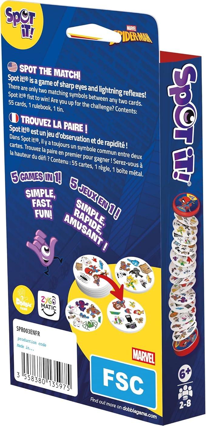 Asmodee Spot It! Spiderman Card Game (Eco-Blister) Fast-Paced Matching Featuring 5 Mini-Games, Travel-Friendly Family Fun for Kids & Adults, Ages 6+, 2-8 Players, 10 Minute Playtime