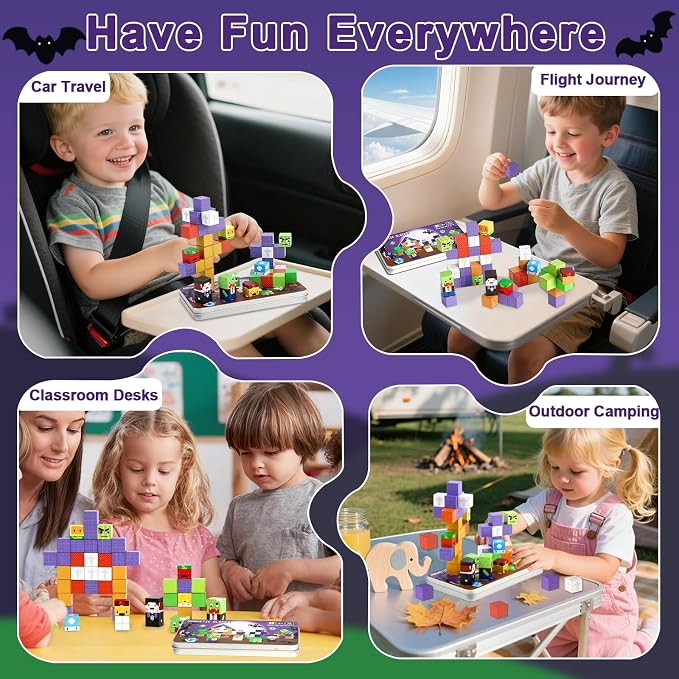 QOUBAI 45PCS Mini Magnetic Blocks Travel Toys, Magnet Building Cubes Tiles Set with Portable Iron Case, Learning Activities Gifts for Kids Toddlers Boys & Girls Ages 3-8 (Zombies)
