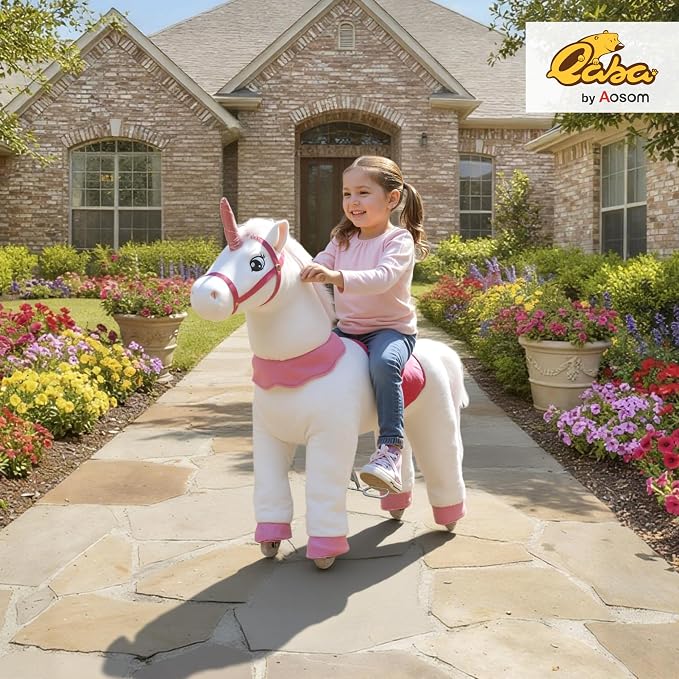 Qaba Ride on Horse for Kids 4-7 Years, 37.8 Inch Height Plush Riding Unicorn, Walking Horse Animal with Rolling Wheels for Active Play, No Batteries Required, White