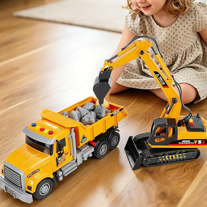 VGY 2 Pack Large Construction Engineering Truck Toys,Excavator Toys for Boys 3-5 Year Old with Moveable Claw,Trucks for Kids Ages 4-8 with Lifting Back Dump Truck,Christmas Birthday Gift for Toddlers