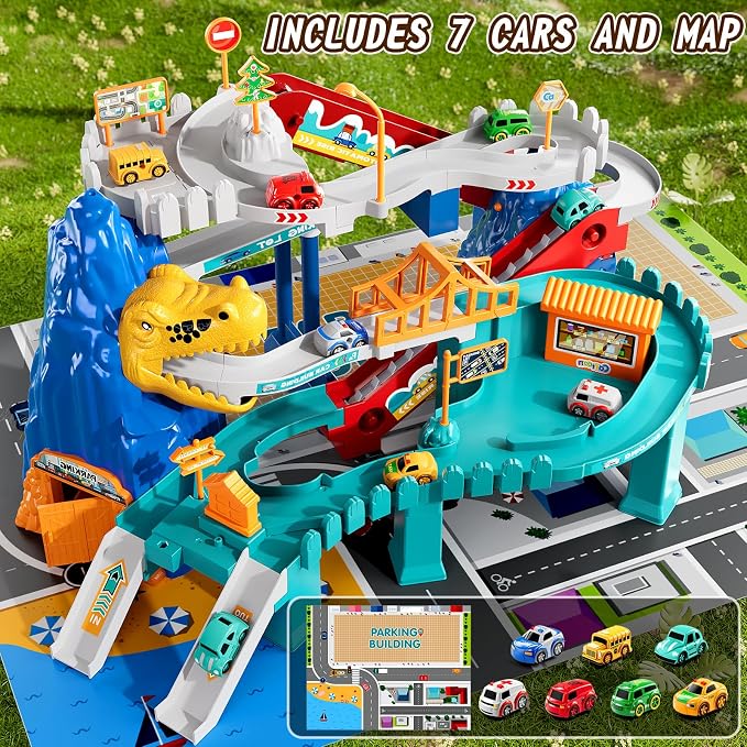 MSKOLER Dinosaur Race Car Tracks for Toddlers 3-4 Years, Dinosaur Climbing Hills Railcar, Toy Car Track Play Set with 7 Small Race Cars, Preschool Birthday Gifts for 3 4 5 6 7 8 Year Old Boys Girls