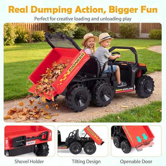 Costzon 2-Seater Ride on Dump Truck, 4WD 24V Kids Car Electric Vehicle with Remote Control, Electric Dump Bed, Shovel, Music, Story, Lights & Wireless Connection, Kids UTV for Boys Girls, Gift (Red)