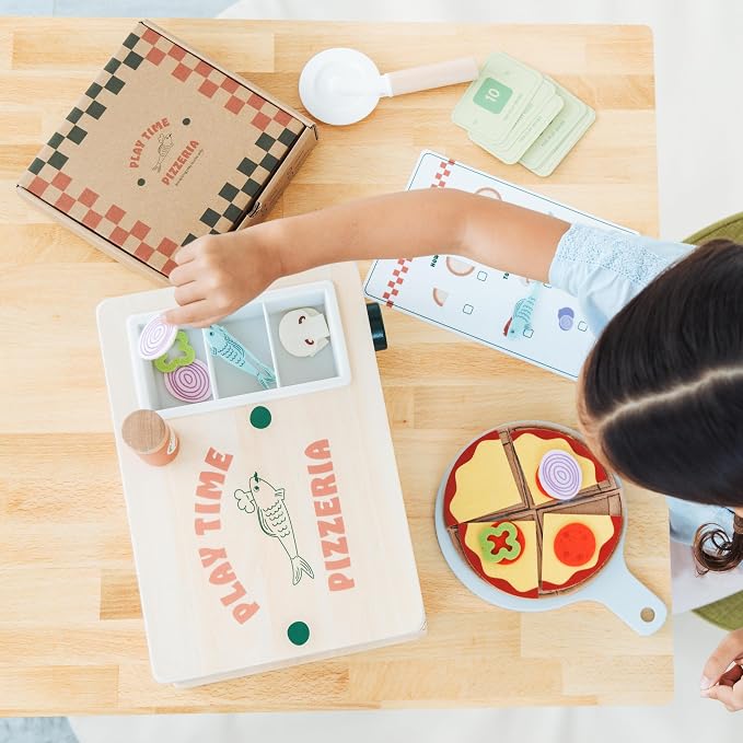 Pearhead Wooden Pizzeria Montessori Pretend Play Food Set, 38-Piece Play Kitchen Accessories, (38 Pcs) Toy Pizza Oven with Pizza Toppings Food Set, Preschool Toys for Toddlers, Ages 3+ Years
