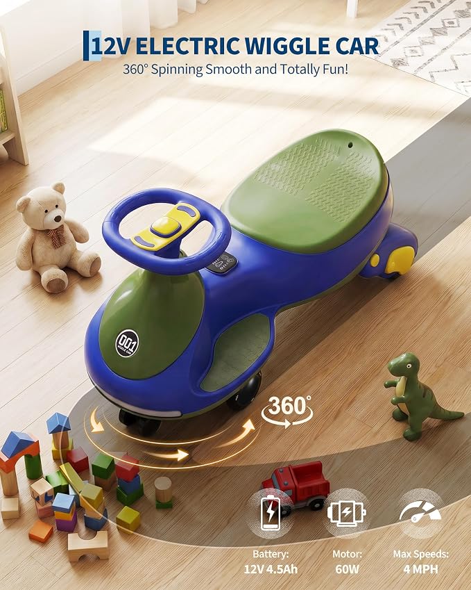 Garvee 12V Electric Wiggle Car for Kids, 2 in 1 Swing Car with Pedal, Anti-Rollover, Max Load 130Lbs,Flashing Wheels, Music,Rechargeable Battery Ride on Toy Indoor Outdoor for Toddlers, Blue