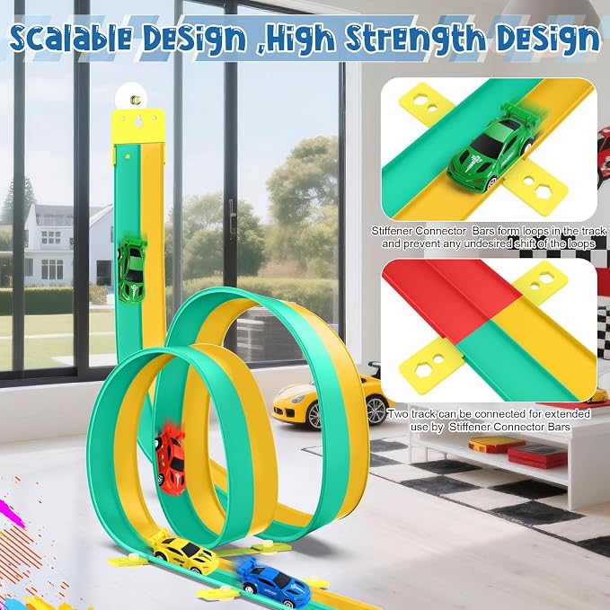 Flexible Race Car Track for Kids, Flex Track with 4 Small Race Cars,Rolls Up Portable Racetrack for Ages 3+, Compatible with H*t Wheels and DIEC*st 1/64th Cars (15FT-Green/Yellow)