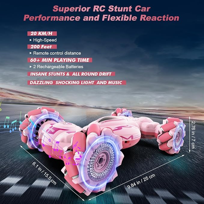 Fosgoit Pink RC Car Toys for Girls Aged 6-12, Gesture Sensing RC Stunt Cars with Lights Music for Girl Birthday Xmas Gifts, 2.4GHz 4WD Pink Remote Control Toy Double-Side Flip 360° All-Round Rotation