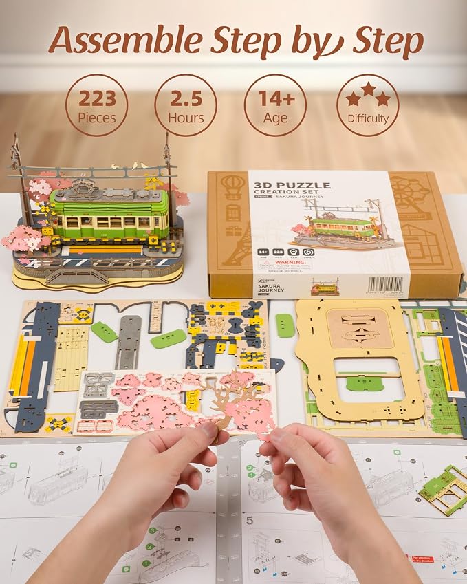 Rolife 3D Wooden Puzzle for Adults, Sakura Journey Tram DIY Model Building Kits with LED Lights, Creative Kids Craft Hobby Gift and Brain Teaser Home Decor Assembly Toy