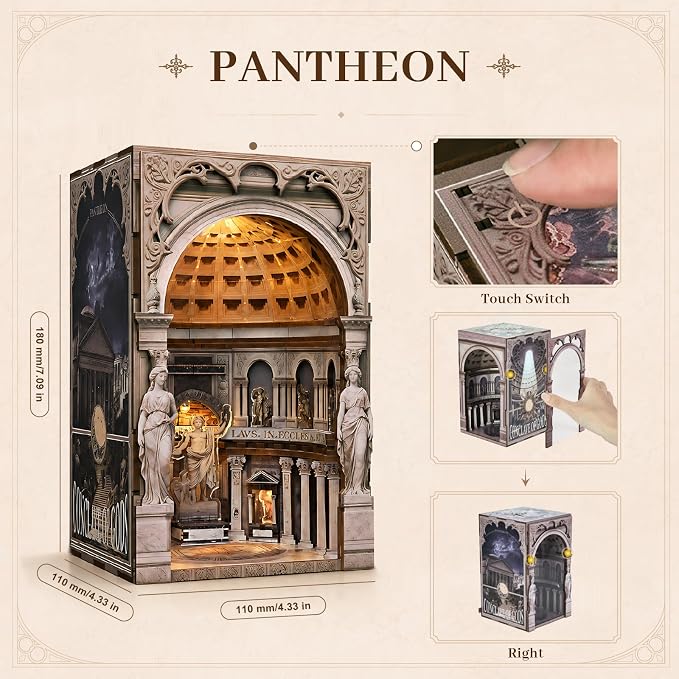 2 Pack DIY Book Nook Kit, Pantheon & Duomo di Milano Architecture Miniature with LED Light & Dust Cover, Dynamic Moving Light Effect, Easy Assembly Wooden Craft for Adults Bookshelf Decor