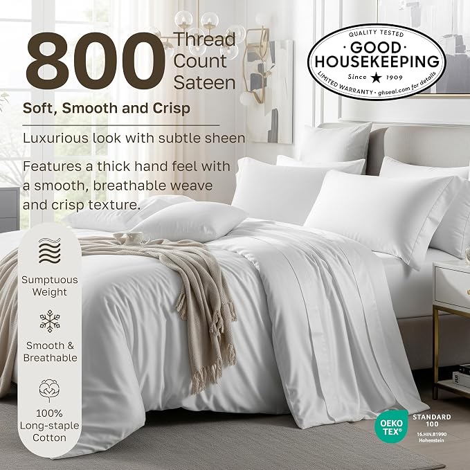 California Design Den 100% Cotton Sheets Set King - Luxury 800 Thread Count Sateen, Soft Cotton Sheets, Deep Pockets for a Snug Fit, Durable Bedding - Eggshell Cream