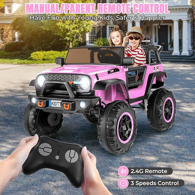 Hikole 24V 4WD/2WD Electric Kids Car with 4x4 Powerful Engine, Remote Control, Spring Suspension, Music, 2 Seater Electric Kids Ride on Truck W/20 Extra Wide Seat, Colorful LED Lights, Pink
