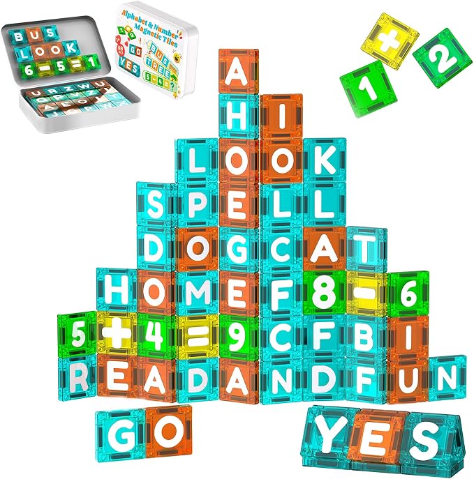 SKTMYY Magnetic Tiles Letters & Numbers, 69PCS Mini Travel Magnet Building Blocks Alphabet ABC Learning Toys for Kids Toddlers Montessori STEM Toy for Preschool Classroom Birthday Gifts for Boys Girls