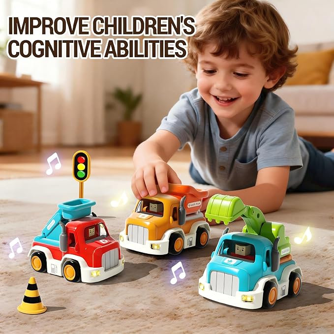 Toy Cars for Toddlers 1-3, Friction Powered, Light & Sound Toddler Car Toys with Mini Trucks (Excavator, Dumper, Fire), Early Educational Gift for Boys Girls (3 Pack)
