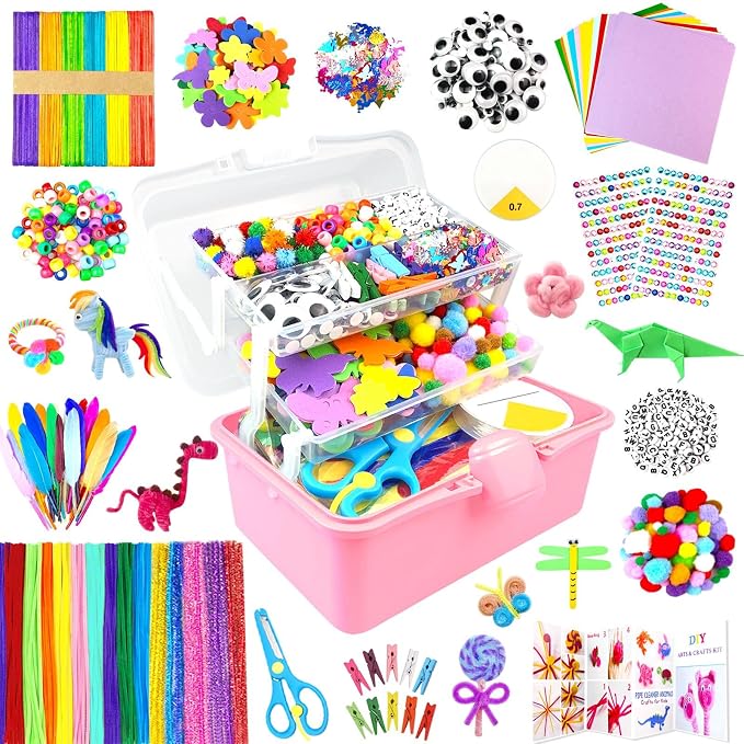 ZEIZHUBN Arts and Crafts Supplies for Kids Crafts Kit with Pipe Cleaners DIY Crafts for Kids Art School Supplies Materials All in Crafting Box Craft Supply Set Gifts for Kid Girls Boys Age 4-8, 8-12