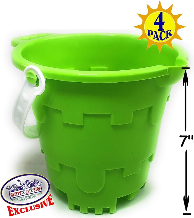 Matty's Toy Stop Beach Gear 7" Plastic Castle Mold Sand Buckets (Pails) with Easy Pour Spout and Handle Blue, Pink, Green & Yellow Party Set Bundle - 4 Pack