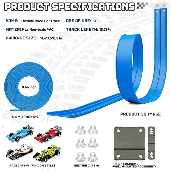 15.75 Ft Flex Track for Kids, Flexible Race Track Compatible with Hot Wheels and Diecast 1/64th Cars, Roll-Up Portable Race Car Ramp Track with Suction Cups & Track Anchors & 4 Race Cars, Blue