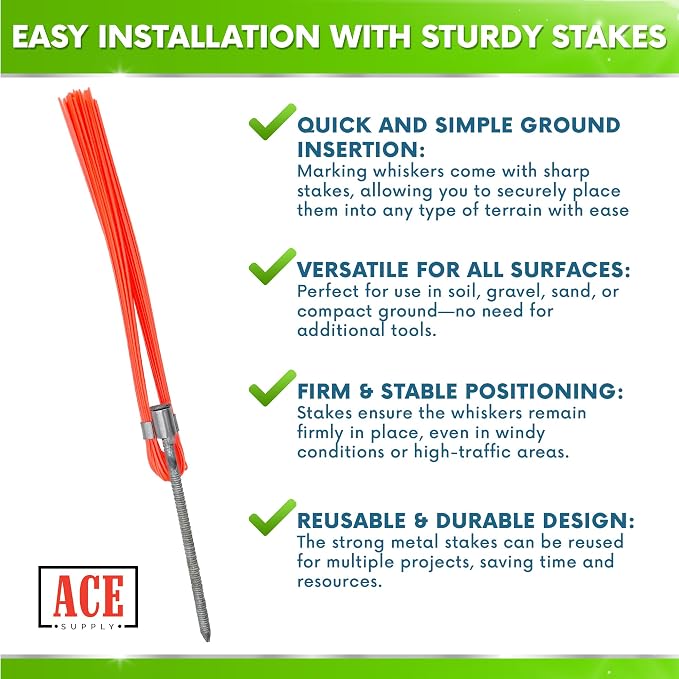 ACE Supply Orange Marking Whiskers with Stakes - Pack of 100 - Durable Marking Whisker Set - Use Survey Whiskers As Ground Markers, Construction Markers, Or Trail Markers