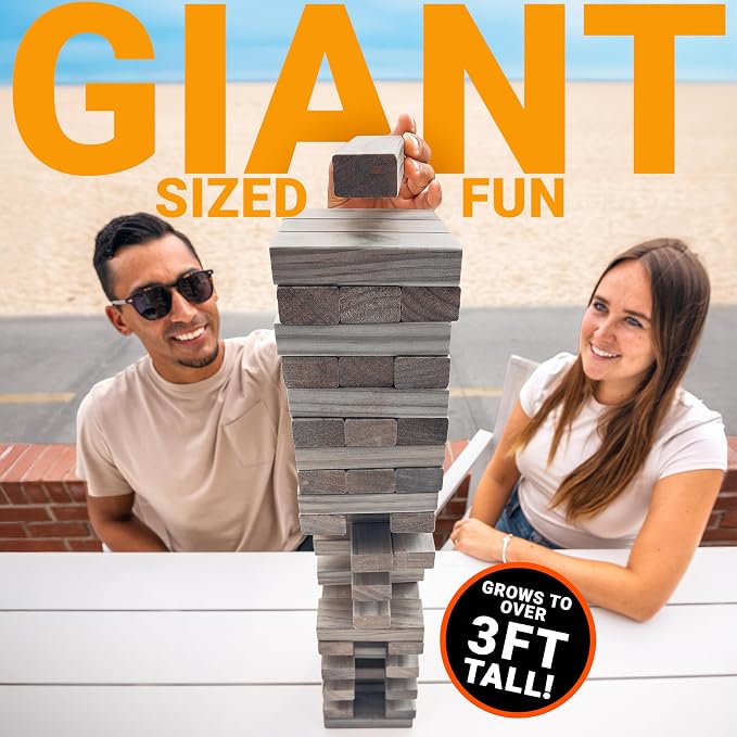 GoSports Giant Wooden Outdoor Stacking Game – Stacks Up to 3 ft – Large Toppling Tower with Case for Yard Games, Family Game Night, Camping, and Parties