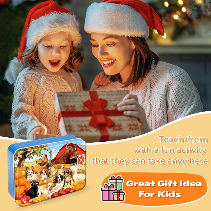 LELEMON Puzzles for Kids Ages 4-6,Pasture 100 Piece Puzzles for Kids Ages 6-8 in a Metal Box,Educational Jigsaw Puzzles,Childrens 100 Piece Puzzle Games Puzzle Toys for Girls and Boys