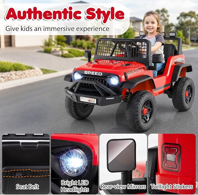 Costzon Ride on Truck, 24V Ride on Toys for Kids, Electric Vehicle with Parent Remote Control, Music, Horn, LED Headlights & Spring Suspension, Kids Car for Boys & Girls (24V,Red)