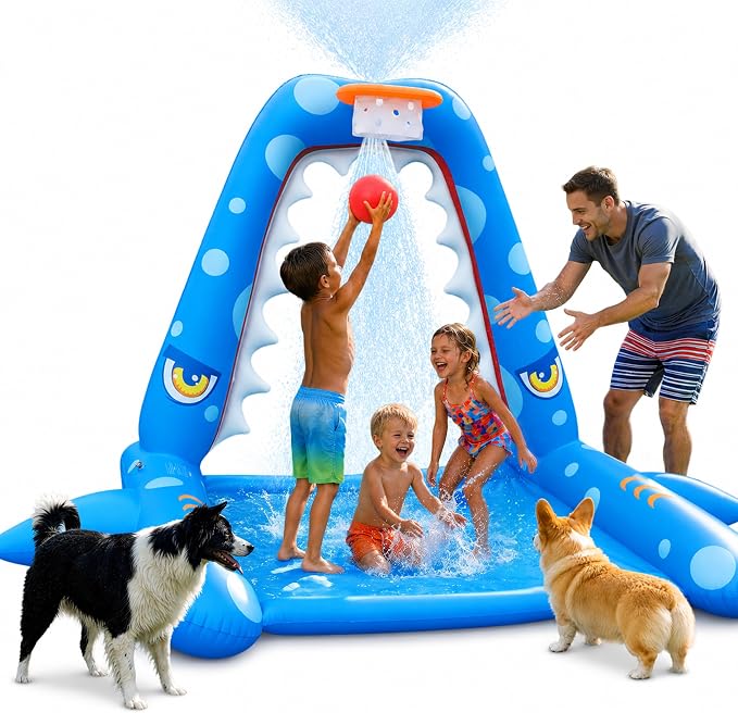 JOSEN Sprinkler for Kids Outdoor Play, Giant Inflatable Shark Water Toys Splash Pad with Basketball Hoop, Fun Sprinkler Summer Outdoor Game for 3-8 Years Old Children Boys Girls Birthday Gift