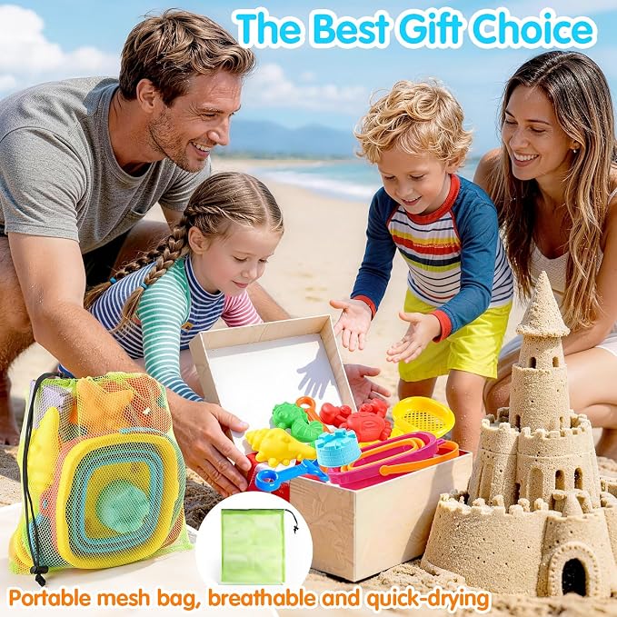 Beach Toys for Kids, Sand Toys Set with Collapsible Sand Bucket, 20” Shovel, Marine Life & Vehicles Molds Sand Castle Toys and Storage Bags, Travel Beach Toys for Toddler 4-8