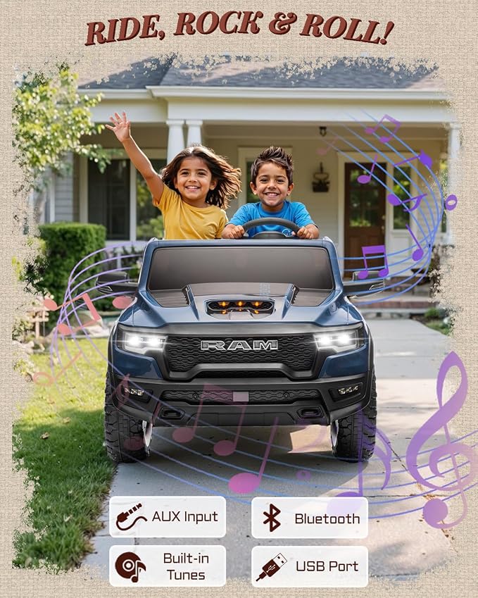 First Ride On 24V Ride On Toys for Big Kids, RAM 1500 RHO 2 Seater Ride on Car w/Remote, Battery Powered Truck w/ 4 Wheels Suspension, Toddler Car w/Bluetooth, LED Lights, Trunk & High Doors