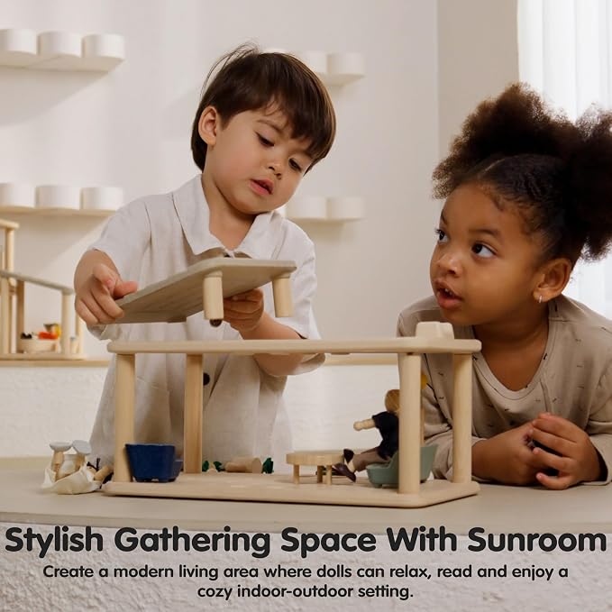 PlanToys® Wooden Dollhouse Gathering Room with Sunroom | Living Room Furniture Set with Sofa, Garden, Lamp & Accessories | Open Ended Role Play Space for Dollhouse Expansion
