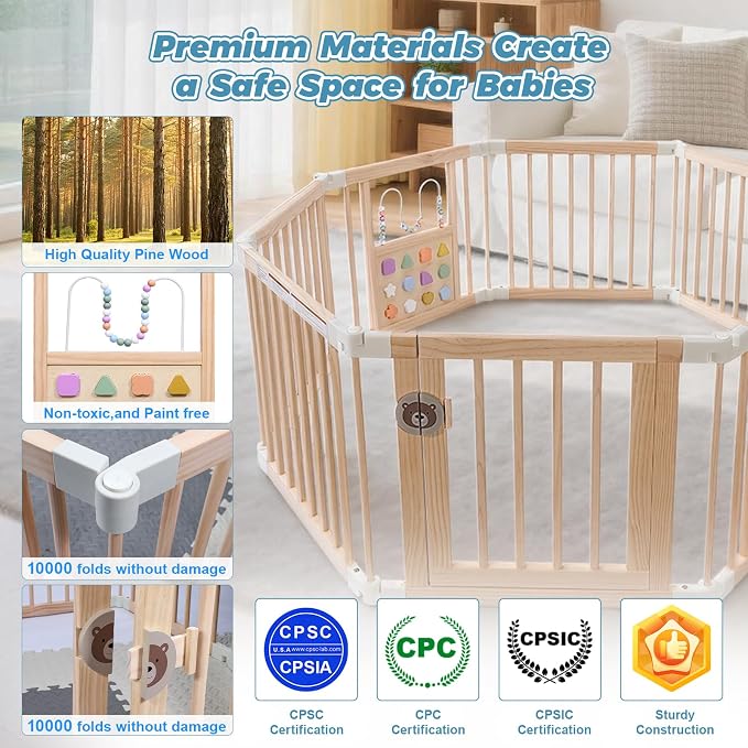 Foldable Wooden Baby Playpen with Mat, Play Yard (56 * 56 * 25 Inch) | Activity Center with Gate, Thickened Wood Adjustable, Easy to Assemble, Birthday Gift for Toddlers