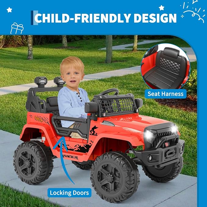 Hetoy 12V Ride on Toys with Parent Remote Control Toddler Electric Vehicle with Spring Suspension, LED Lights, Bluetooth, Music Player, 3 Speeds Ride on Car Truck for Kids Age 3-8 (Red)