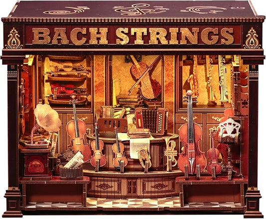 CUTEFUN Book Nook Kit - Musical Instrument Store Dollhouse Bookshelf Decor, 3D Wooden Puzzle Tiny House Miniature Model Building Kits, DIY Crafts Gifts for Adults Teens & Book Lovers (Bach Strings)