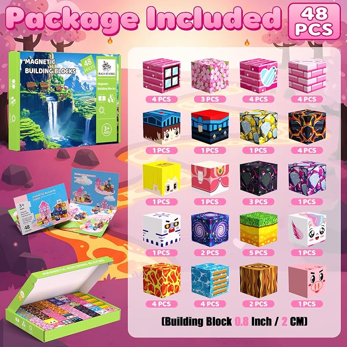Magnetic Blocks, 48PCS Magnetic Building Blocks, Stacking Magnets for Kids, Sensory Toy for STEM Constructions Magnet Blocks for Boys Girls Age 3+, Christmas Birthday Gifts (Lava Sakura)
