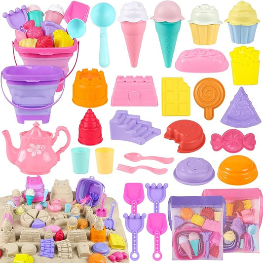 REZUCREY Collapsible Beach Toys for Toddlers, Sand Bucket and Shovels Set, Ice Cream Tea Set Travel Sand Toys for Beach & Mesh Bag, Castle Essentials Toy for Toddlers Kids Boys Girls Age 3-10