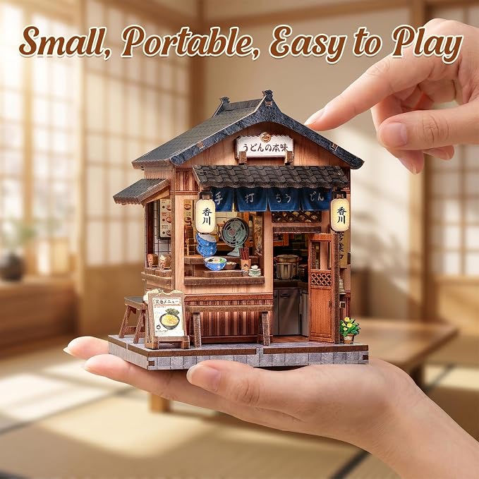 Cutefun DIY Miniature House Kit, 103 Pcs 3D Wooden Puzzle Tiny House Mini House Building Kit for Beginners & Teens – Palm-Sized DIY Japanese Booknook Dollhouse for Bookshelf Decor (Kagawa Udon House)