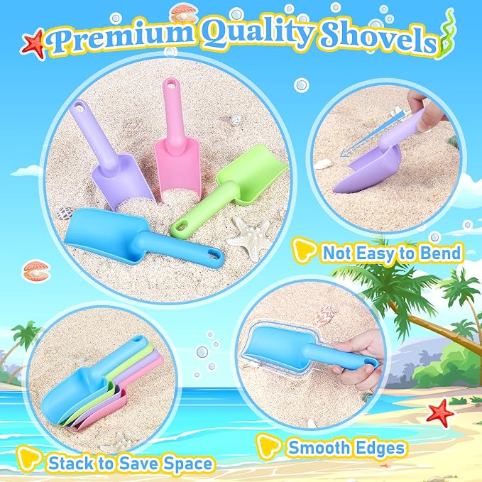 Collapsible Beach Buckets for Kids, 4 Packs Foldable Sand Buckets and Shovels with Mesh Beach Bag, Silicone Sand Pails for Toddlers Beach Toys, Easter Egg Hunt, Camping, Travelling, Fishing Water Pail