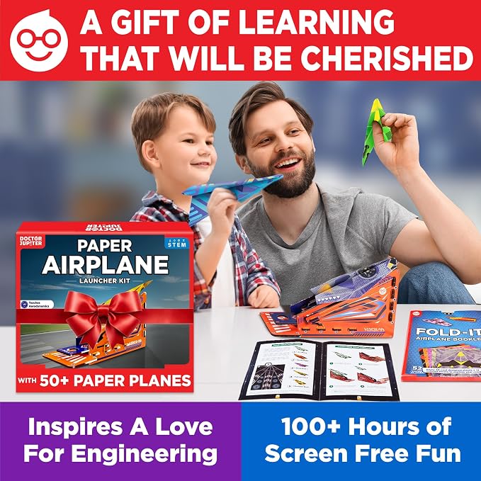 Doctor Jupiter Paper Airplane Book Kit with Launcher for Kids Ages 6+ | STEM Toys, Birthday Gift Ideas for 6,7,8,9,10,11,12,13 Year Old Boys & Girls | Summer Activities for Kids, 50+ Paper Planes