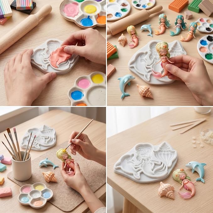 Mermaid Polymer Clay Molds Mermaid Dolphin Conch Silicone Mold for DIY Craft Resin Casting Molds DIY Crafts Air Dry Polymer Clay Tools Jewelry Making