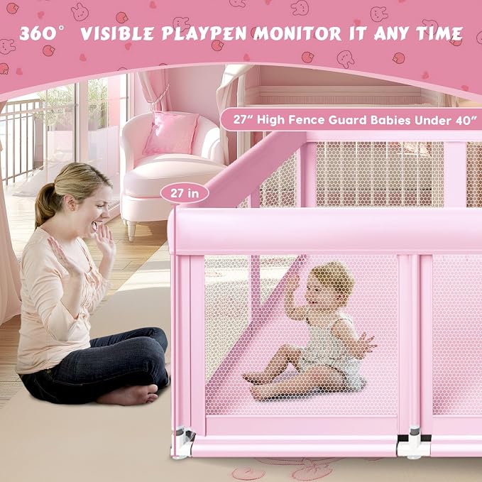 Fshibila 74" ×50" Large Baby Playpen, Baby Playard for Babies and Toddlers, Play Pens for Indoor & Outdoor, Sturdy Safety Play Yard with Soft Breathable Mesh, Anti-Fall, Pink