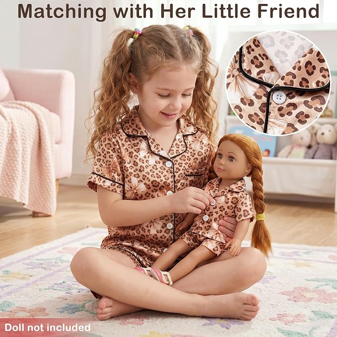 FIOBEE Girls Satin Pajamas Doll Matching Clothes, Stain Button Down Pjs Set Fits 18 Inch Dolls Soft Silky Toddler Kids Sleepwear Brown Leopard