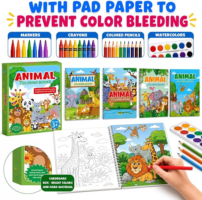 4 Pack Jungle Safari Animal Coloring Books 8.6x11 Inch Spiral Bound Coloring Books Bulk Zoo Animal Themed Activity Book DIY Crafts for Birthday Travel Gifts Party Favors Holiday Trip Supplies