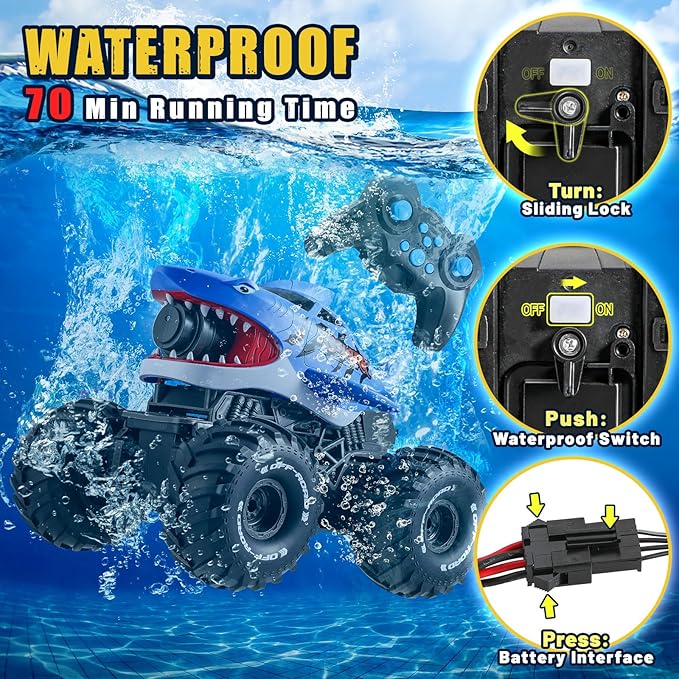 BOBXIN Amphibious Remote Control Shark Monster Truck Squirt Water,4WD All-Terrain Off-Road 2.4Ghz Waterproof RC Car Pool Water Toys for Kids Age 6+ Blue