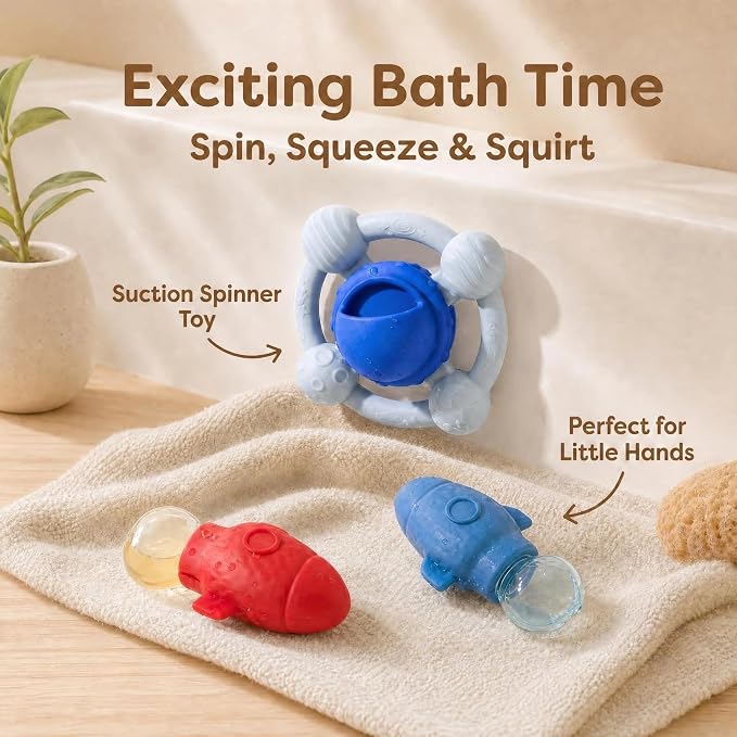Bath Toys, 3 Pack Rocket & UFO Silicone Toy Set | Rocket squirt toy and spinning UFO bath toy. Soft silicone design for sensory water play, BPA-Free