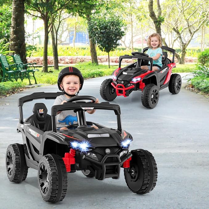 Costzon 12V Kids UTV Ride On Car, Battery Powered Electric Vehicle with Remote Control, 3 Speeds, LED Lights, Music, Horn & Spring Suspension, Off-Road UTV for Boys & Girls 3+ Years Old (Black)