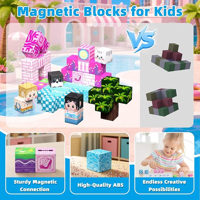 Magnetic Blocks, 48PCS Magnetic Building Cube Set for Kids Ages 3+, Constructions STEM Stacking Tiles Toy Building Birthday Gifts for Girls