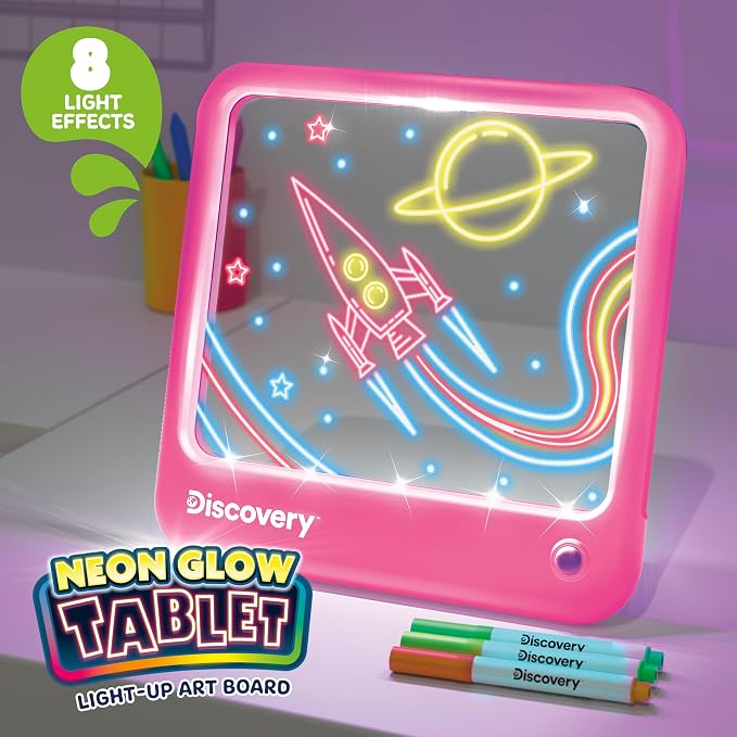 Discovery Neon Glow Drawing Board - LED Drawing Tablet for Kids| 8 Light Effects, 3 Washable Markers| Doodle Board Sketch Pad Art Kit| Built-in Storage & Display| Arts & Crafts Toy| Boys & Girls Gift