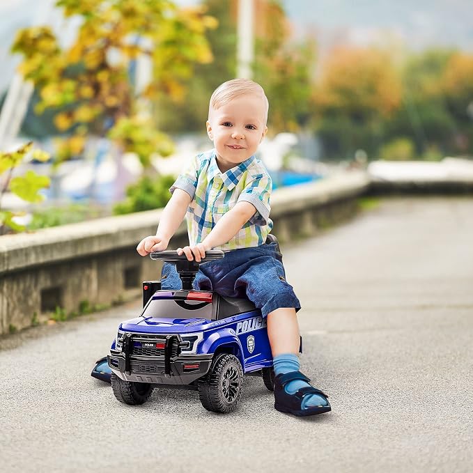 Aosom Kids Push Ride On Car with Working PA System and Horn, Police Truck Style Foot-to-Floor Sliding Car for Boys and Girls with Under-Seat Storage, for 18 Months to 5 Years Old, Blue