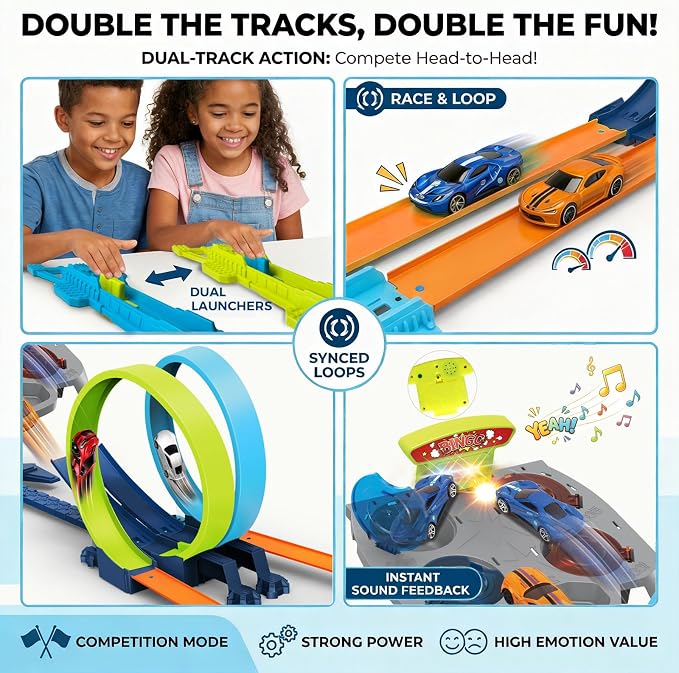 Dual Toy Car Race Track Set for Kids 2 Player Loop & Launch Car Track Toy with Score Points, 4 Metal Alloy Racing Cars, Interactive Sound Effects & Competitive Stunt Challenge for Boys & Girls