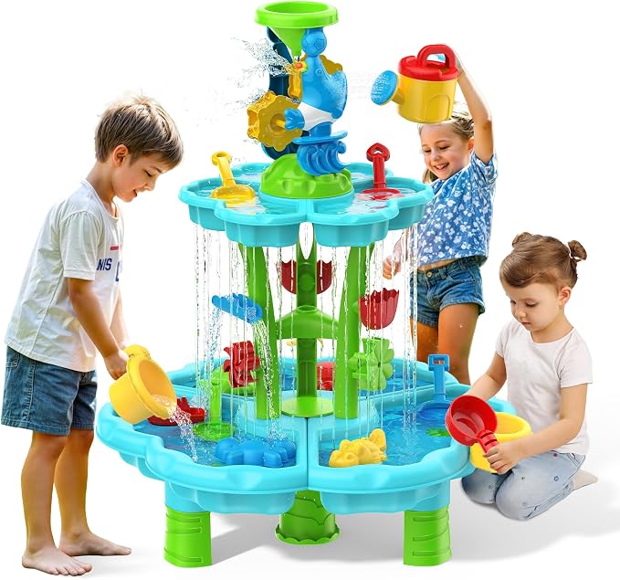 Kids Flower Water Sand Table for Toddlers - 2-Tier Outdoor Water Sand Play Table Toys for Boys Girls, Summer Splash Activity Sensory Table Party Birthday Gift for Kids 3-5 6-12