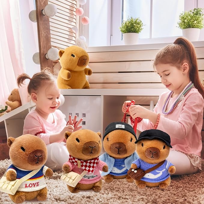 10.2" Brown Capybara Plush Toy with 9 Clothes and Accessories Super Soft Capybara Stuffed Animal for Kids Girls Boys (Blue Capybara)